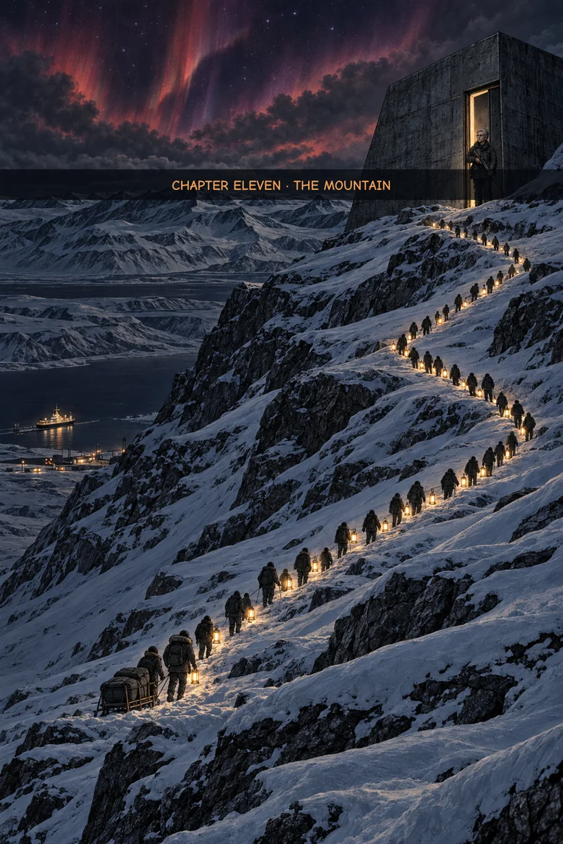 Chapter 11 cover: under a rust-red aurora, a long line of lamp-carrying figures hauls a sled up a snowy mountain road toward the lit doorway of the Seed Vault, where a lone guard stands with a rifle; the ship glows in the harbor far below