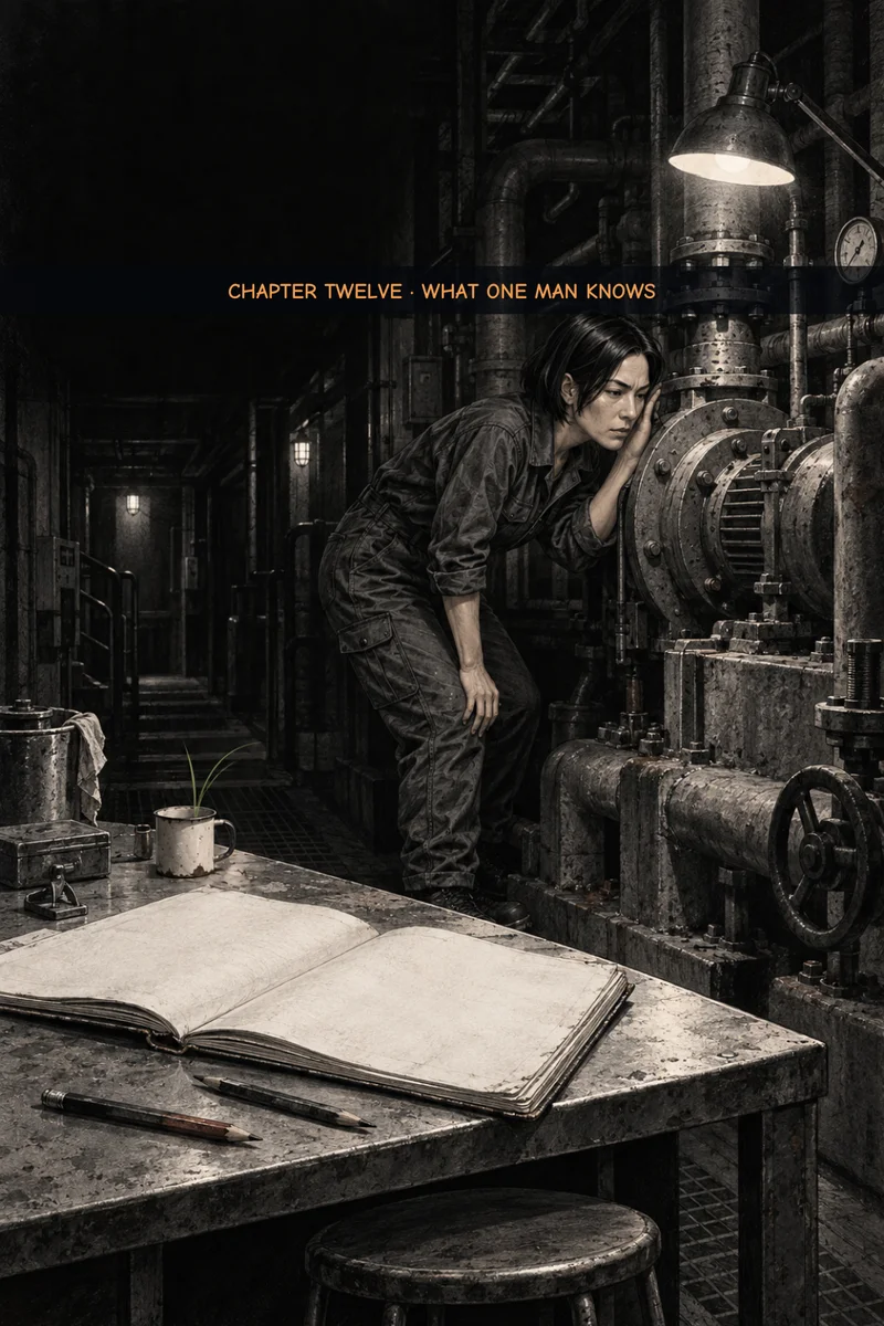Chapter 12 cover: in the dim, pipe-lined machinery space of the ship, a woman in grease-stained coveralls leans her ear against a pump casing to listen, while an open handwritten notebook, pencils, a tin mug and a small green sprout wait on the steel workbench in the foreground