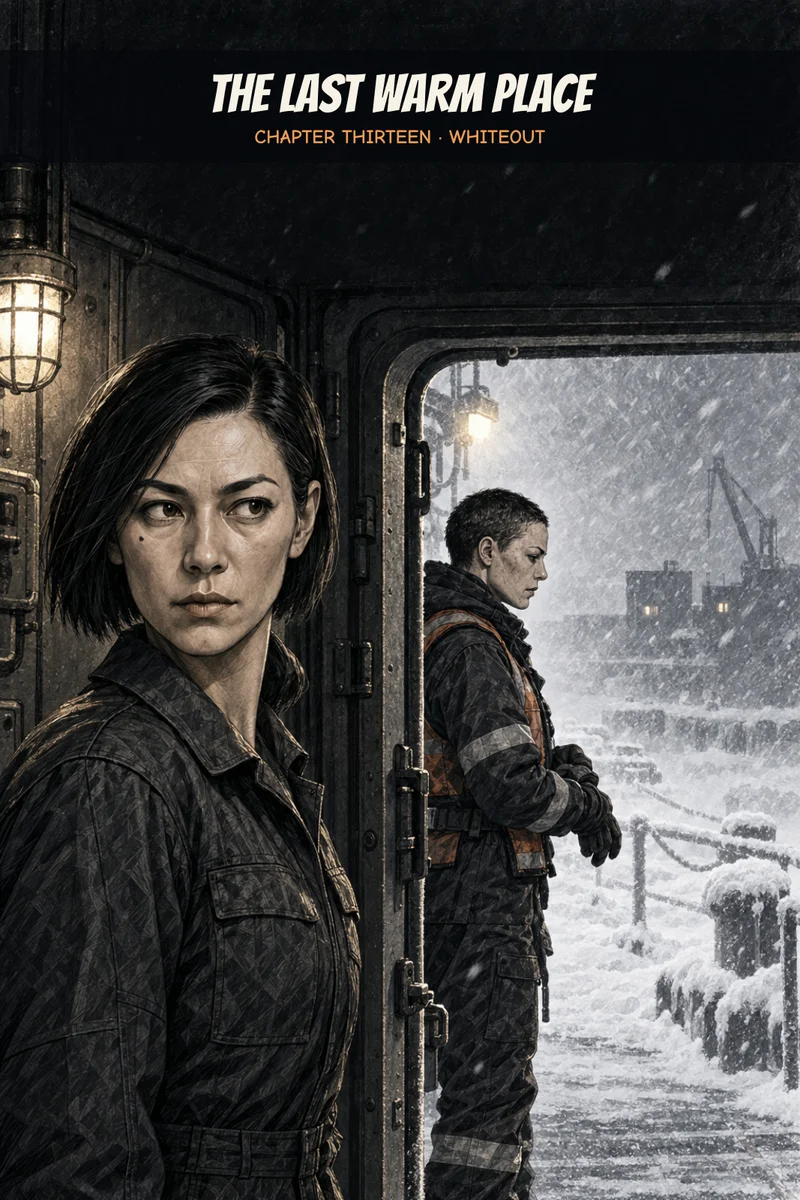 Chapter 13 cover: in a lamp-lit steel doorway of the ship, a dark-haired woman in work coveralls looks back over her shoulder, while beyond the open door a figure in a high-visibility harness pulls on gloves on a snow-blasted quay, cranes and lit buildings fading into the whiteout