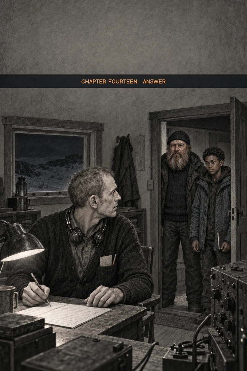 Chapter 14 cover: in a lamplit radio room, a gray-haired man in a cardigan with headphones around his neck sits at a log sheet and looks toward the doorway, where a bearded man in a knit cap and a teenage boy holding a notebook stand watching; through the window, snowfields under a dim sky