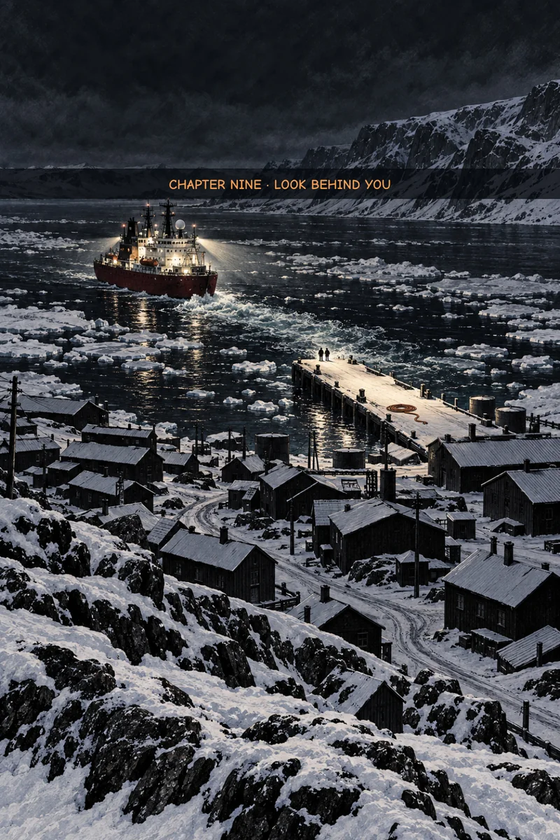 Chapter 9 cover: the lit red icebreaker pulls away through broken ice from a dark harbour town, while two small figures stand at the end of the empty snow-covered quay beside a coiled cable