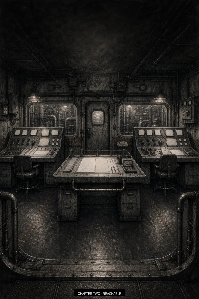 Chapter 2 cover: the empty engineering control room, two consoles, turbine hall glowing through windows