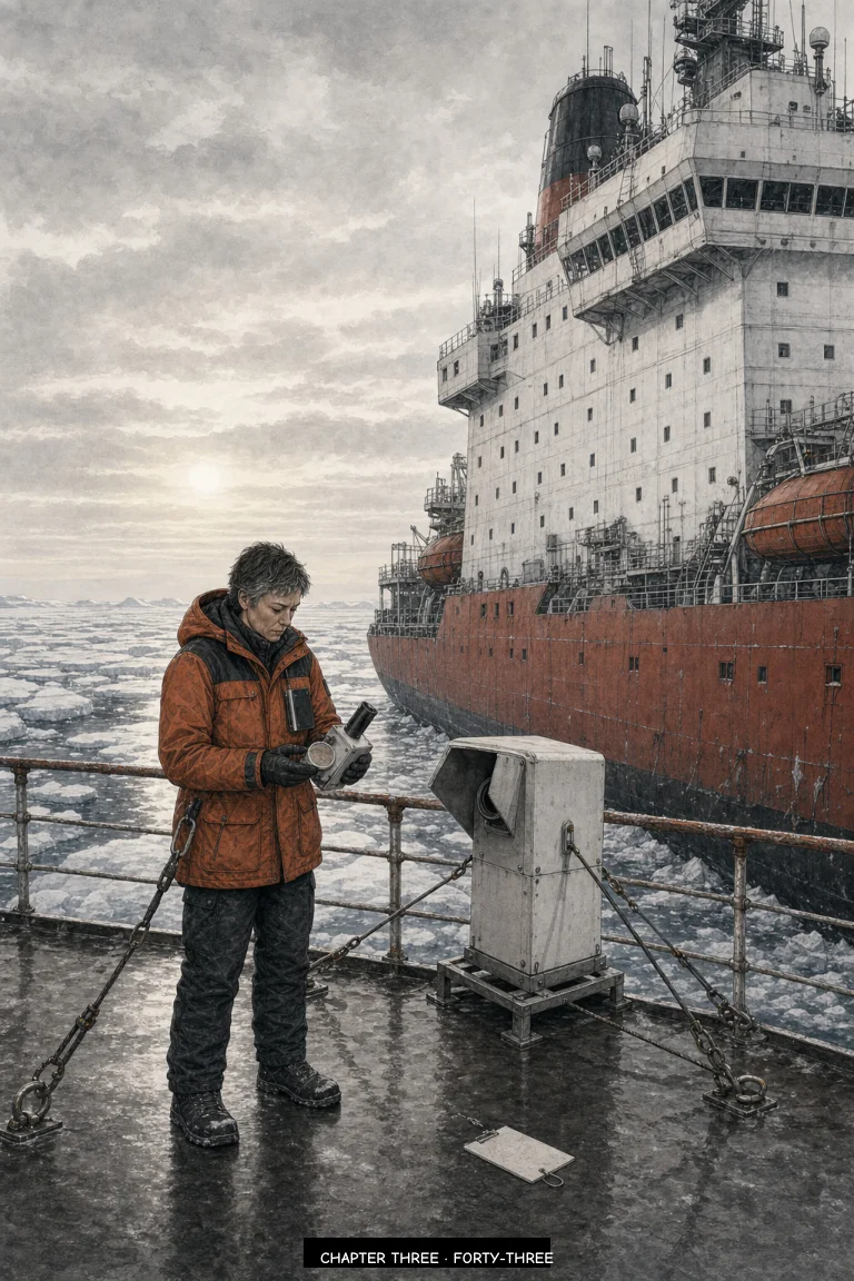 Chapter 3 cover: a person in an orange jacket reads beside an ice-covered railing with the ship behind them