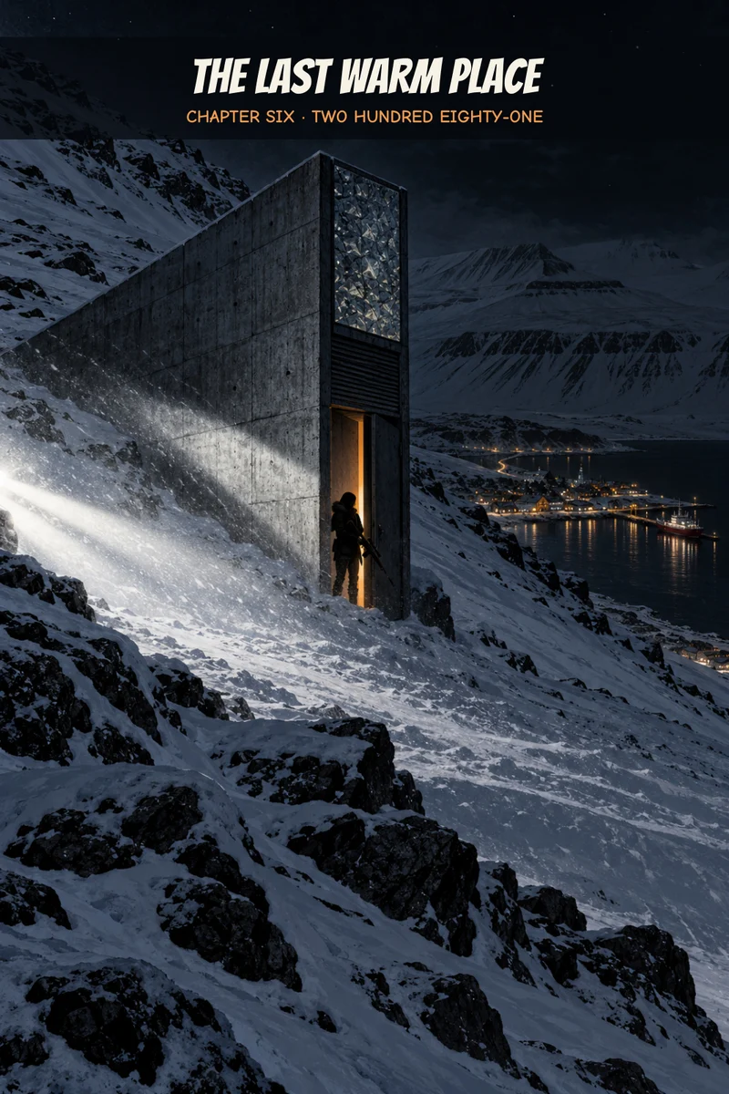 Chapter 6 cover: a lone armed figure stands in the lit doorway of the Seed Vault's concrete wedge on a snowy mountainside above a harbour town at night