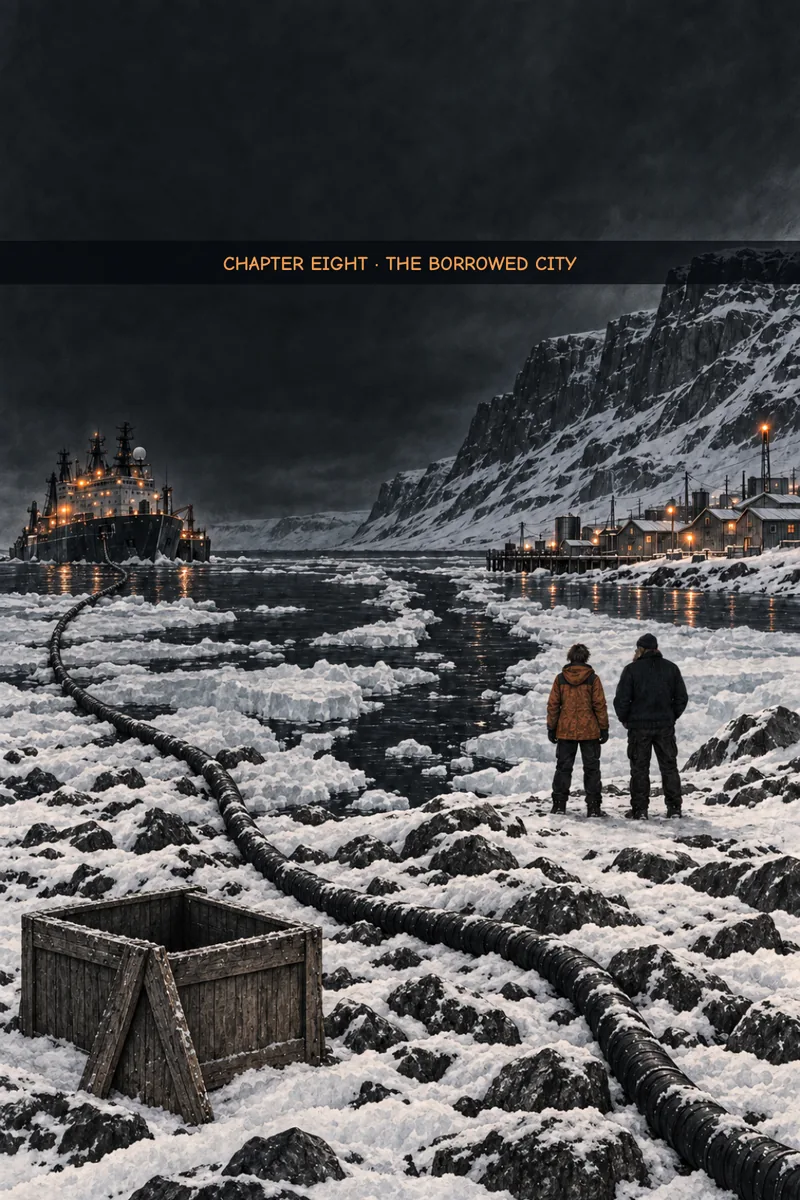 Chapter 8 cover: two figures stand on a snowy, rock-strewn shore beside a heavy power cable that runs from the lit icebreaker across the ice floes toward the harbour town under the cliffs, with an empty wooden crate in the foreground